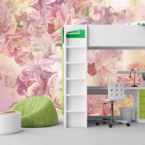 Fototapete Rosa Blumen und Schmetterlinge Muster im Malstil