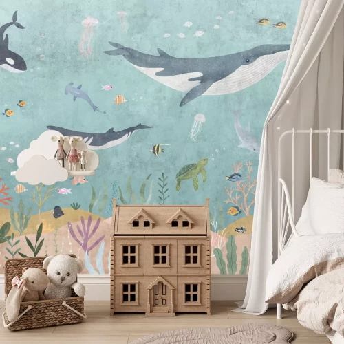 Fototapete Wale Fische und Pflanzen in einer bunten Unterwasserwelt Kinderillustration