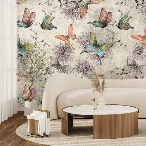 Fototapete Botanisches Muster aus Schmetterlingen und Blumen auf Betonhintergrund mit Textureffekt