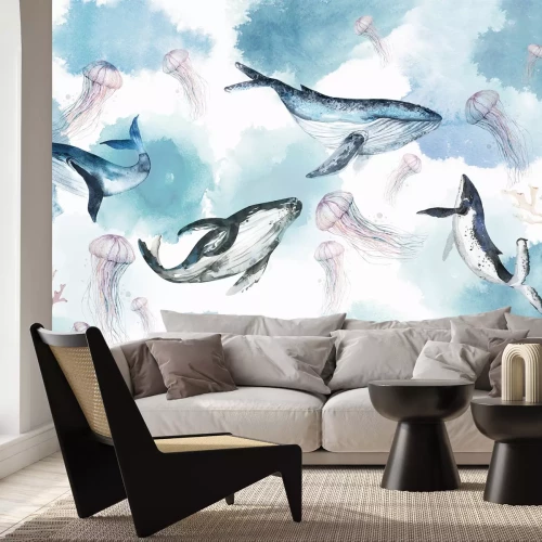 Fototapete Aquarellmuster für Kinder mit Walen Quallen und Korallenriff