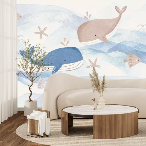 Fototapete Kinderpattern mit Walen und Fischen in einer Meereslandschaft Aquarell