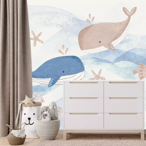 Fototapete Kinderpattern mit Walen und Fischen in einer Meereslandschaft Aquarell