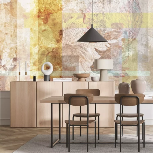 Fototapete Geometrische Formen und Fische auf aquarelliertem strukturiertem Hintergrund künstlerisches Motiv