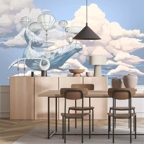 Fototapete Wal mit Ballons vor Wolken und blauem Himmel Aquarellmuster für Kinder