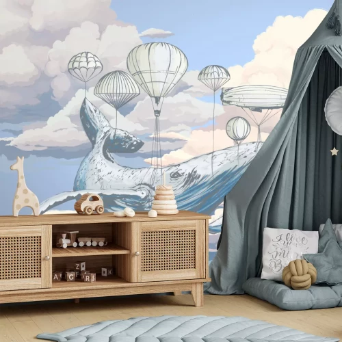 Fototapete Wal mit Ballons vor Wolken und blauem Himmel Aquarellmuster für Kinder