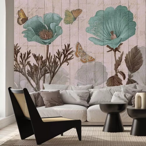 Fototapete Schmetterlinge und blaue Blumen auf Holzuntergrund botanisches Muster im Vintage Stil
