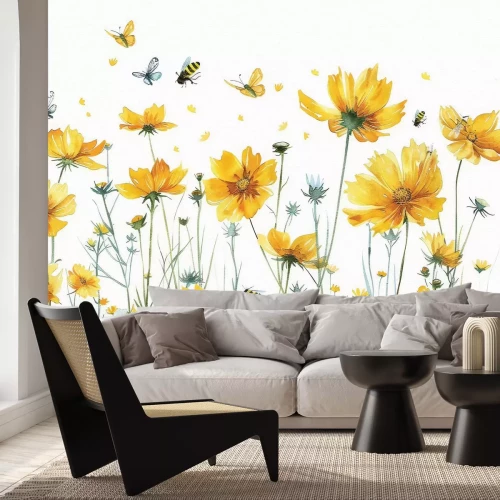 Fototapete Botanisches muster mit gelben wildblumen schmetterlingen und insekten natürliches motiv