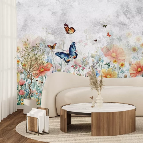Fototapete Schmetterlinge über einer bunten blumenwiese auf strukturiertem hintergrund in grautönen