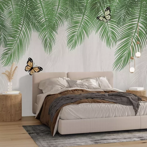 Fototapete Botanisches Muster mit grünen Palmblättern und Schmetterlingen auf strukturiertem Hintergrund