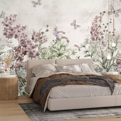 Fototapete Schmetterlinge auf einer blumigen Wiese, Aquarell-Botanisches Muster auf hellem Hintergrund