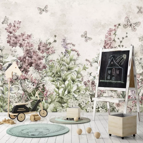 Fototapete Schmetterlinge auf einer blumigen Wiese, Aquarell-Botanisches Muster auf hellem Hintergrund