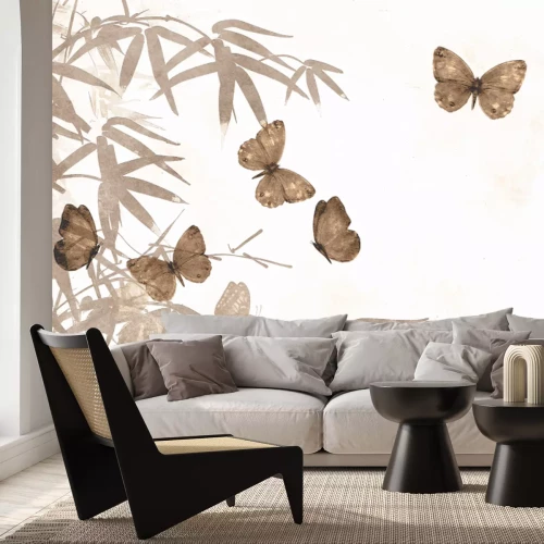 Fototapete Aquarell beige Schmetterlinge mit Bambuszweigen auf weißem Hintergrund, natürliches Motiv