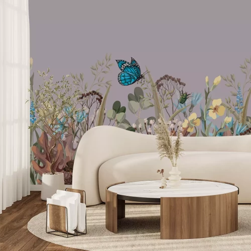Fototapete Blauer Schmetterling auf einer blumigen Wiese, natürliche Landschaft