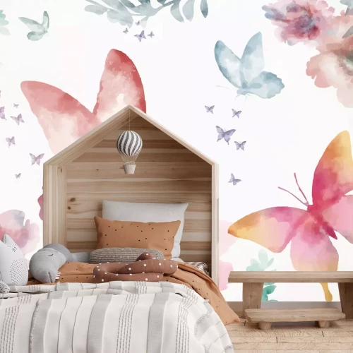 Fototapete Bunte Schmetterlinge und Blumen im Aquarellstil auf weißem Hintergrund, zartes Muster