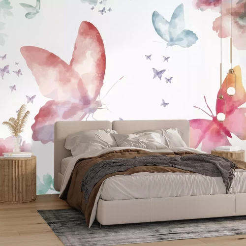 Fototapete Bunte Schmetterlinge und Blumen im Aquarellstil auf weißem Hintergrund, zartes Muster