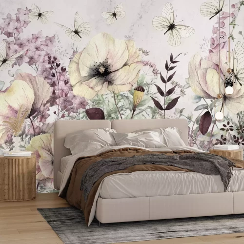 Fototapete Blumen im Aquarellstil auf einer Sommerwiese mit weißen Schmetterlingen, botanisches Motiv