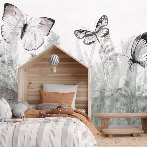 Fototapete Schmetterlinge und ein Marienkäfer auf einer Sommerwiese, Landschaft mit Insekten und Pflanzen