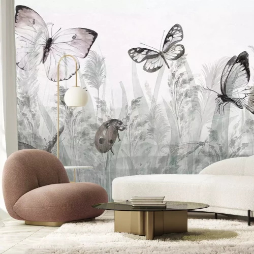 Fototapete Schmetterlinge und ein Marienkäfer auf einer Sommerwiese, Landschaft mit Insekten und Pflanzen