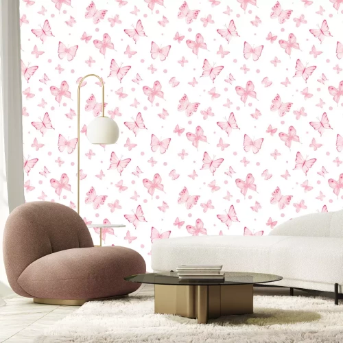 Fototapete Aquarell-Schmetterlinge und Punkte auf weißem Hintergrund, zartes Kindermuster