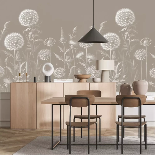 Fototapete Weiße Löwenzahnblumen und Wildblumen auf beigefarbenem Hintergrund, botanisches Muster