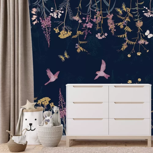 Fototapete Botanisches Pflanzenmotiv mit bunten Blumen, Schmetterlingen und Vögeln