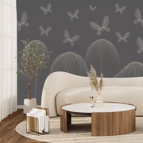 Fototapete Schmetterlinge im Line-Art-Stil auf dunklem Hintergrund, minimalistisches modernes Muster