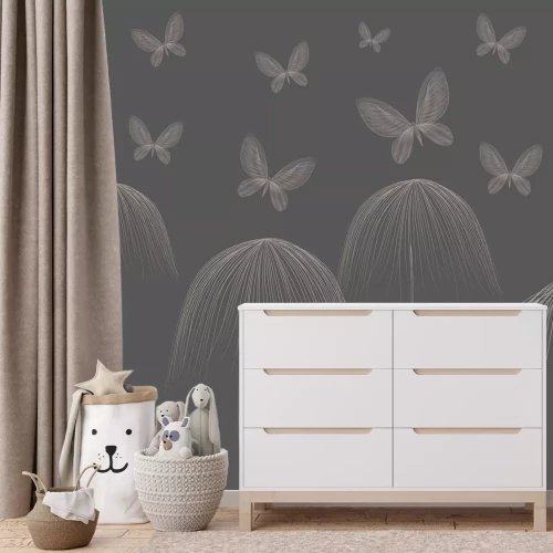 Fototapete Schmetterlinge im Line-Art-Stil auf dunklem Hintergrund, minimalistisches modernes Muster