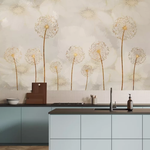 Fototapete Abstrakte Löwenzahnblumen in goldener Farbe vor einem Hintergrund zarter gemalter Blumen