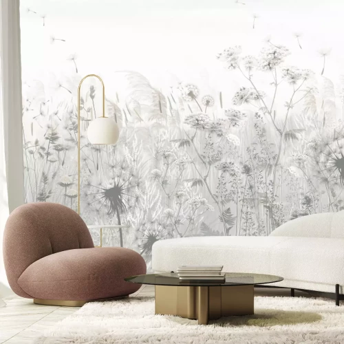 Fototapete Wildblumen und Löwenzahn, botanisches Pflanzenmotiv in Grautönen