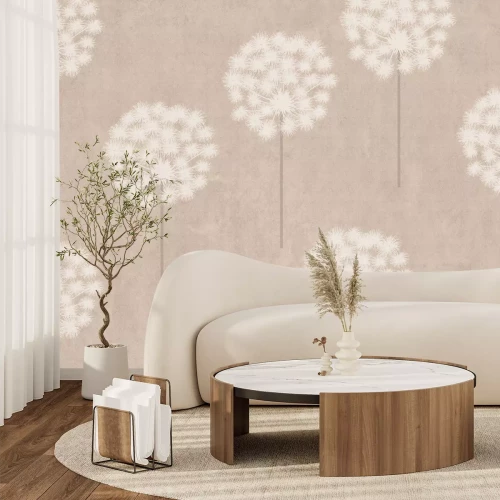 Fototapete Löwenzahn und weiße Blumen im Pflanzenmotiv auf beigetönigem Hintergrund