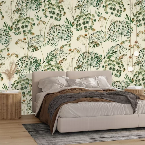 Fototapete Aquarell-Löwenzahn und Wildblumen, zartes Pflanzenmotiv auf hellem Hintergrund