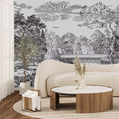 Fototapete Landschaft im Skizzenstil mit Fluss und Bäumen in Schwarz-Weiß-Tönen