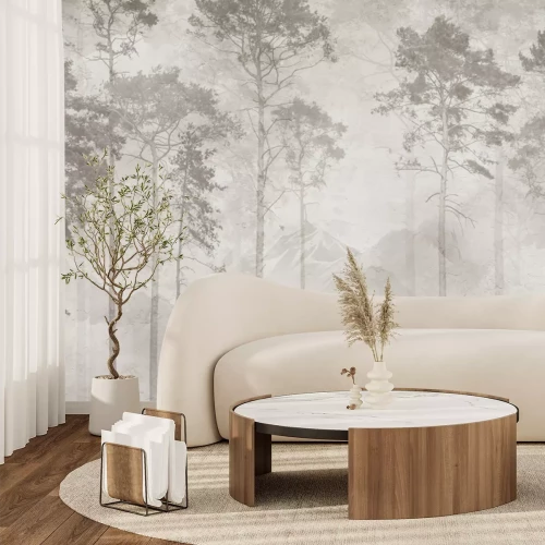 Fototapete Minimalistische Landschaft mit Bäumen vor sanften Bergen im natürlichen Stil