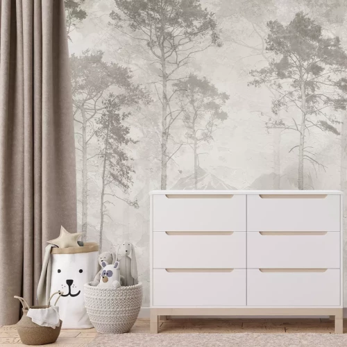 Fototapete Minimalistische Landschaft mit Bäumen vor sanften Bergen im natürlichen Stil