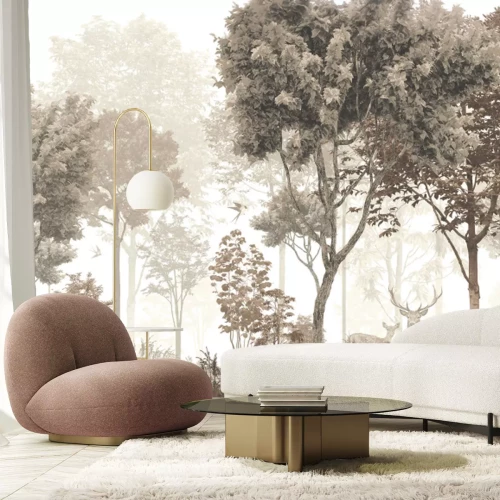 Fototapete Vintage-Waldmotiv mit Hirsch und Reh in natürlicher Landschaft