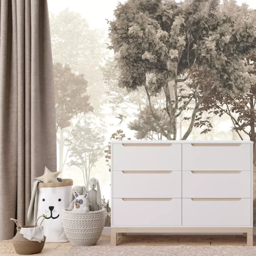 Fototapete Vintage-Waldmotiv mit Hirsch und Reh in natürlicher Landschaft