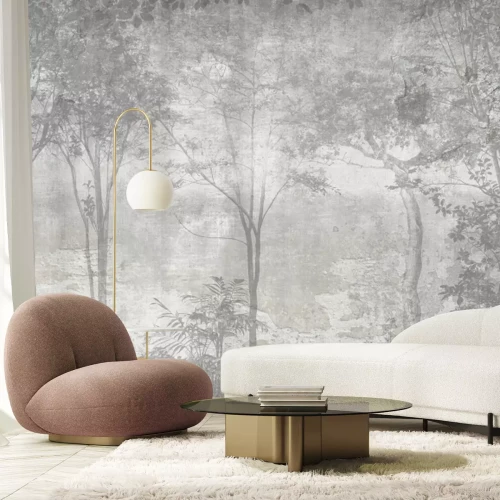 Fototapete Nebelwald, graue Bäume, Naturlandschaft auf Betonhintergrund