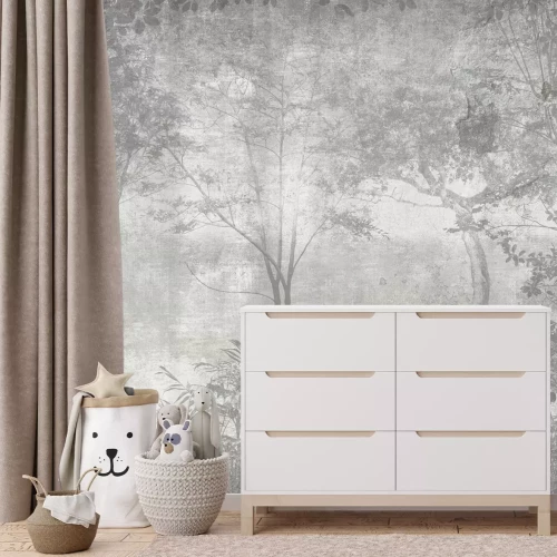 Fototapete Nebelwald, graue Bäume, Naturlandschaft auf Betonhintergrund