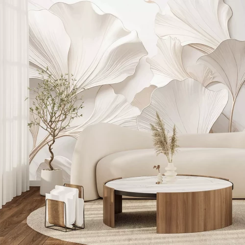 Fototapete Ginkgoblätter auf weißem Hintergrund, elegantes Motiv im Glamour-Stil