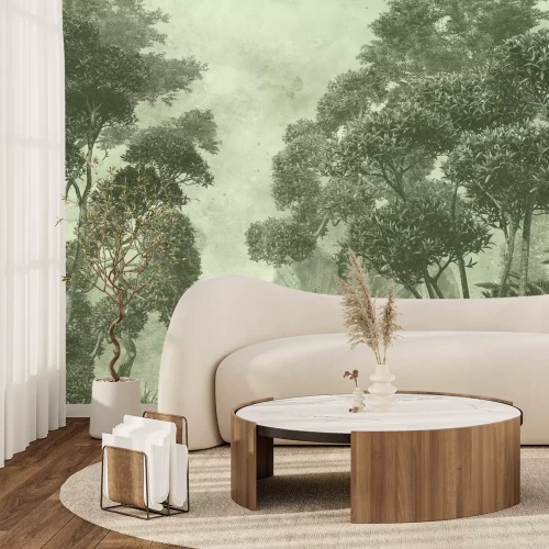 Fototapete Nebliger tropischer Wald in Grün, exotische Naturlandschaft