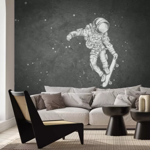 Fototapete Kosmische Szene mit einem Astronauten auf einem Brett, abstrakter Nachthimmel mit Betonstruktur