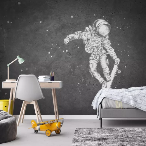 Fototapete Kosmische Szene mit einem Astronauten auf einem Brett, abstrakter Nachthimmel mit Betonstruktur