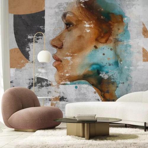 Fototapete Künstlerisches Porträt einer Frau mit geometrischen Motiven im Aquarellstil