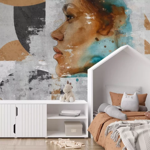 Fototapete Künstlerisches Porträt einer Frau mit geometrischen Motiven im Aquarellstil