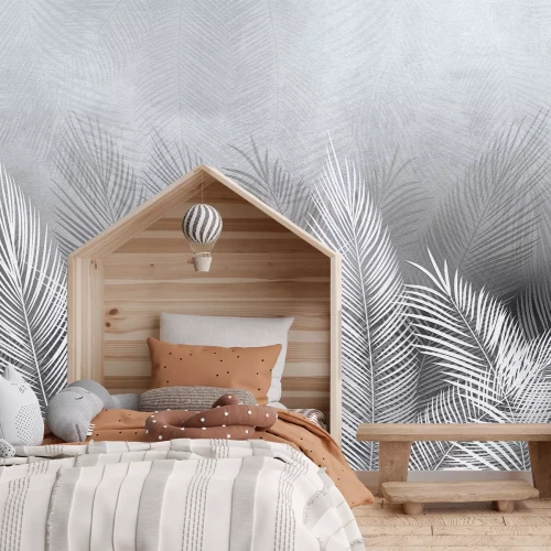 Fototapete Tropische Palmblätter in Weiß und Grau mit Betoneffekt