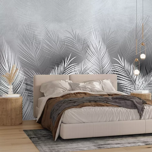 Fototapete Tropische Palmblätter in Weiß und Grau mit Betoneffekt