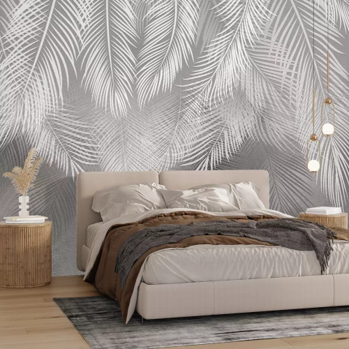Fototapete Tropische Palmblätter in Weiß und Grau auf Betonhintergrund