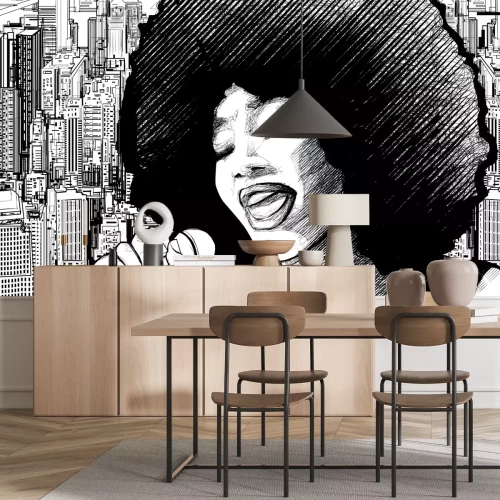 Fototapete Frau singt in urbaner Umgebung, schwarz-weiße Zeichnung