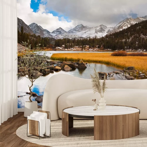 Fototapete Gebirgslandschaft mit Fluss und Bergpanorama