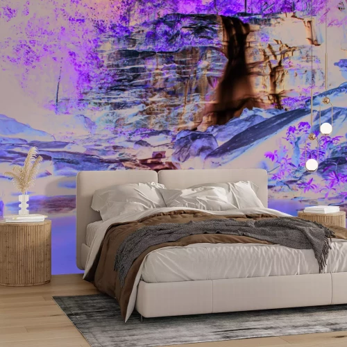 Fototapete Natürliche Landschaft Wasserfall zwischen Steinen und Bäumen